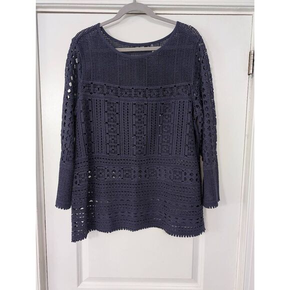 Nic + Zoe Blueprint Blue Sheer Lace Pullover Sweater‎ women's large navy blue - Picture 3 of 9
